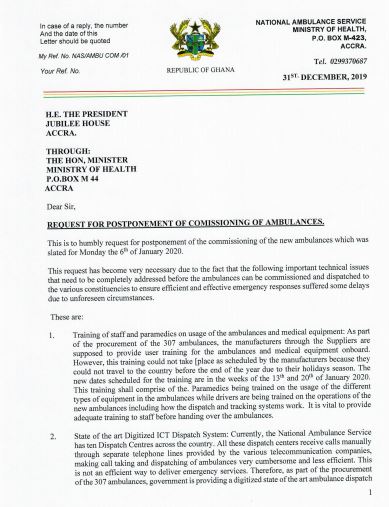 National Ambulance Service letter requesting postponement of commissioning of ambulances