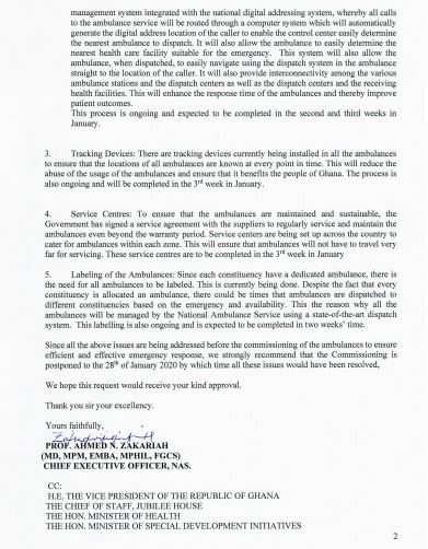 National Ambulance Service letter requesting postponement of commissioning of ambulances