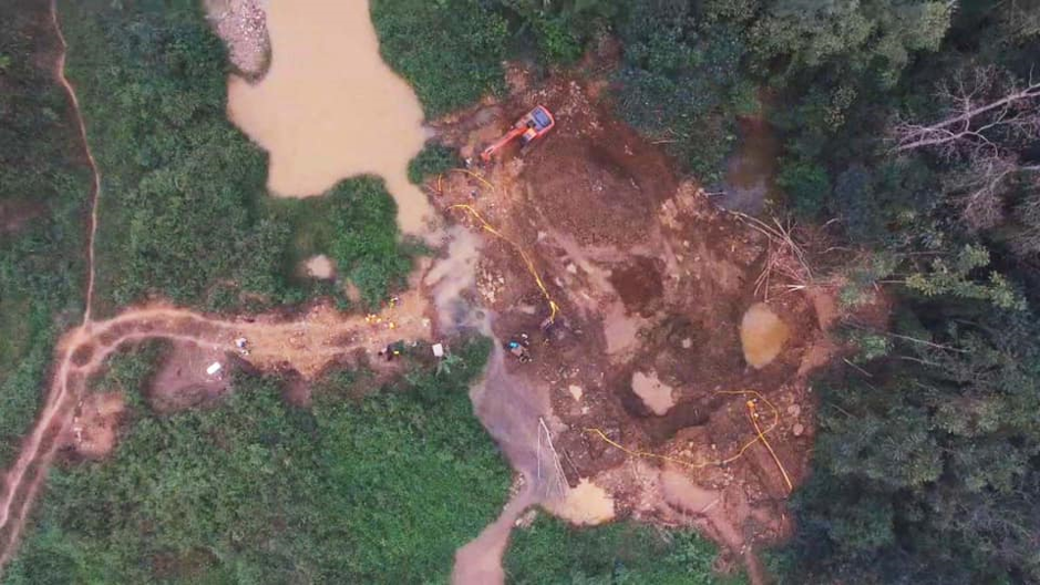 Image: Illegal mining currently ongoing at the south-western portions of the Atewa Forest in a community known as Kobreso. Image courtesy A Rocha Ghana
