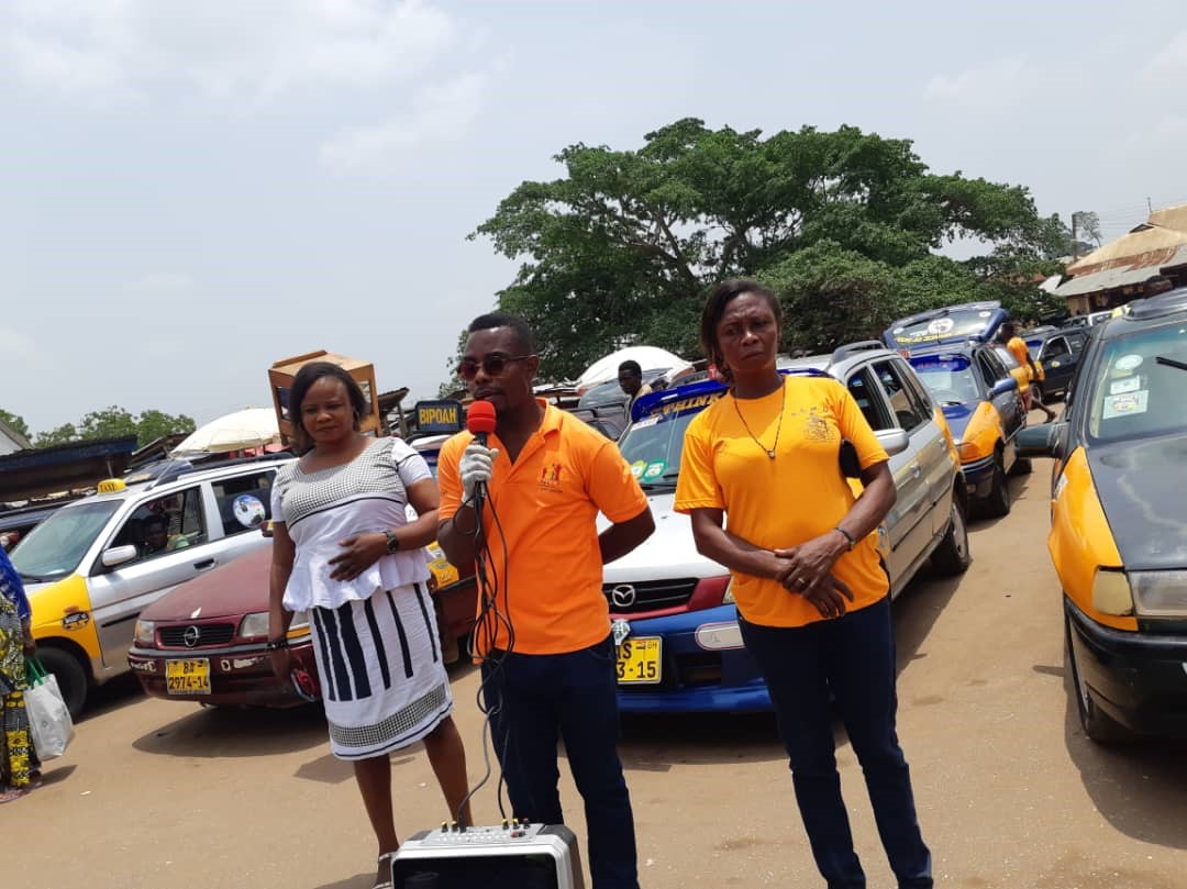 Mr. Evans Nunoo, Sekyere South District Director of NCCE [hmiddle], Miss Cecilia Sarfowaa, Assistant Civic Education Officer [Right], and Miss Lucy Opoku-Manu, Assistant Civic Education Officer [Left] on CONVID–19 sensitization
