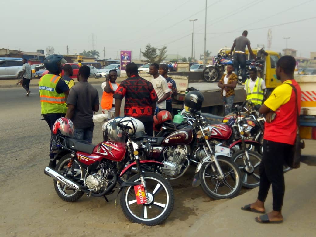 Police clampdown motorcycles at Baah Yard, Awoshie, Accra.