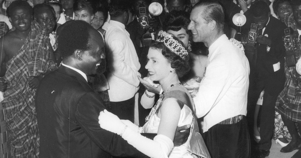 Prince Philip dances with former First Lady Fathia Nkrumah as the Queen dances with Ghana's First President Kwame Nkrumah