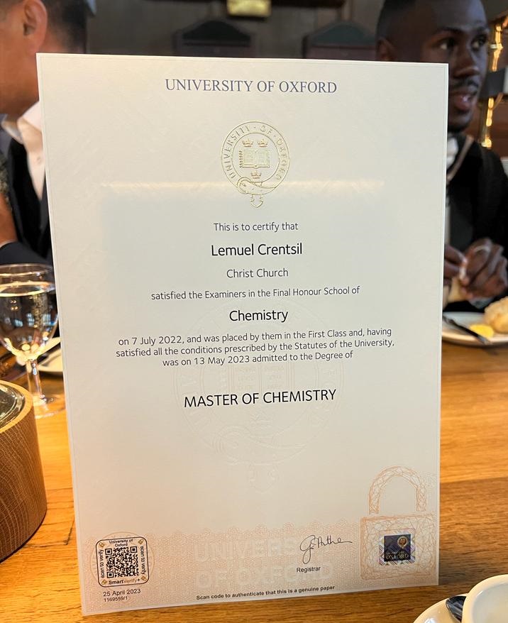 Master of Chemistry Certificate from the Oxford University.